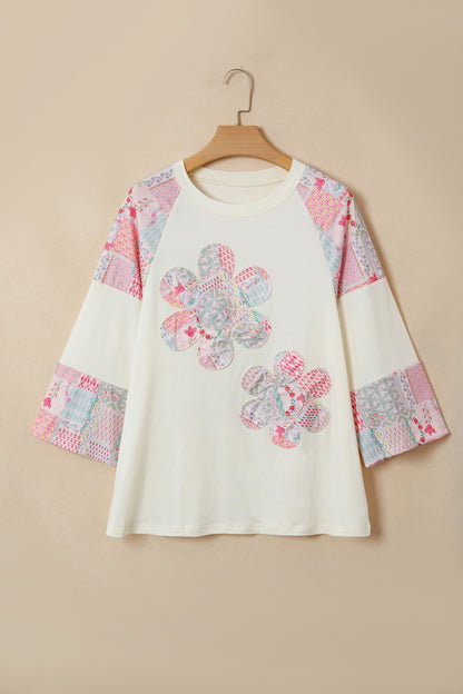 Beige Long-Sleeve Top with Retro Floral Patchwork and Color Block