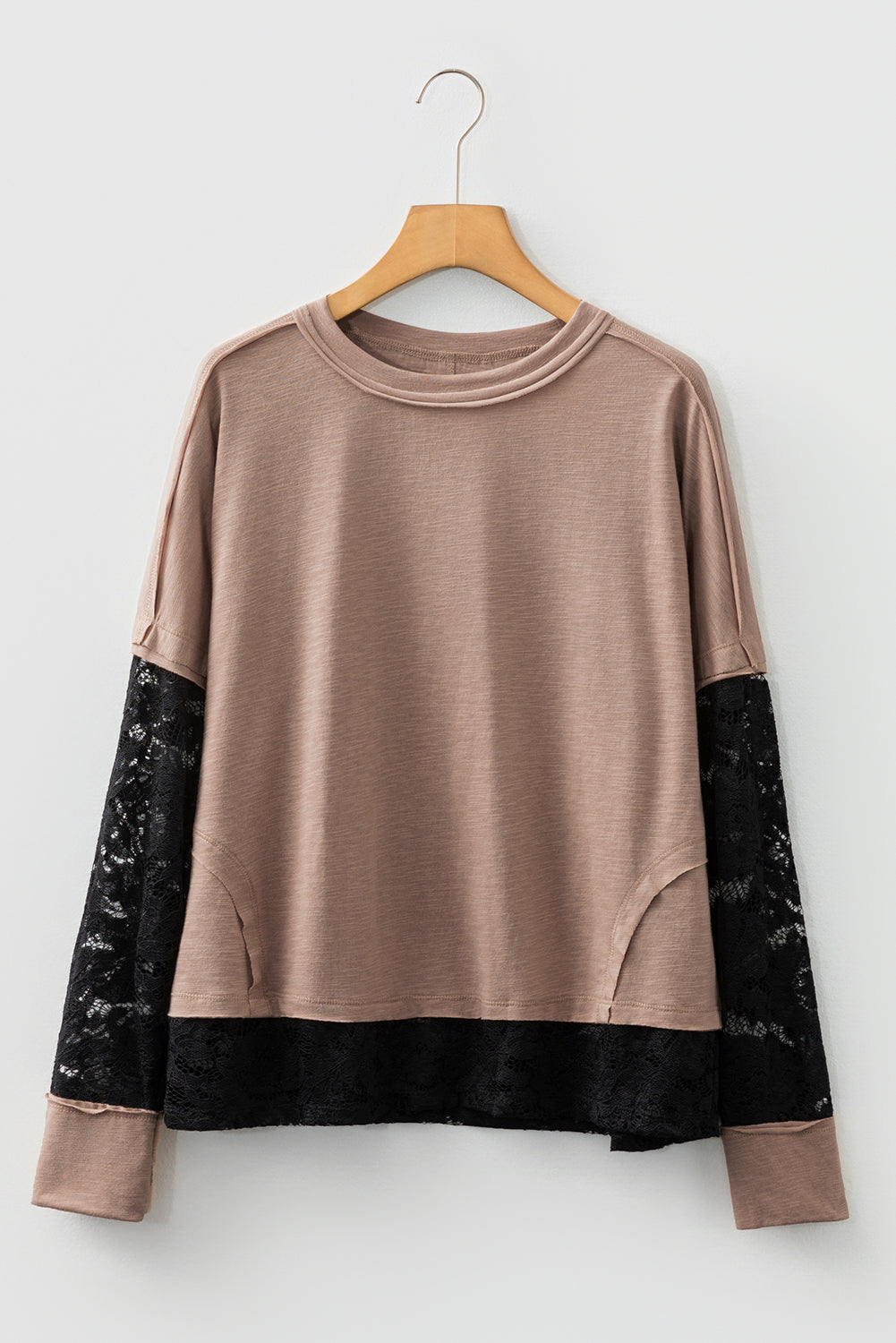Long-sleeve casual T-shirt with transparent lace inserts