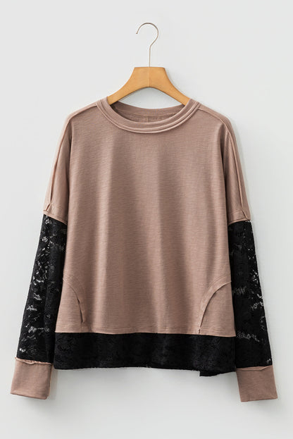 Long-sleeve casual T-shirt with transparent lace inserts