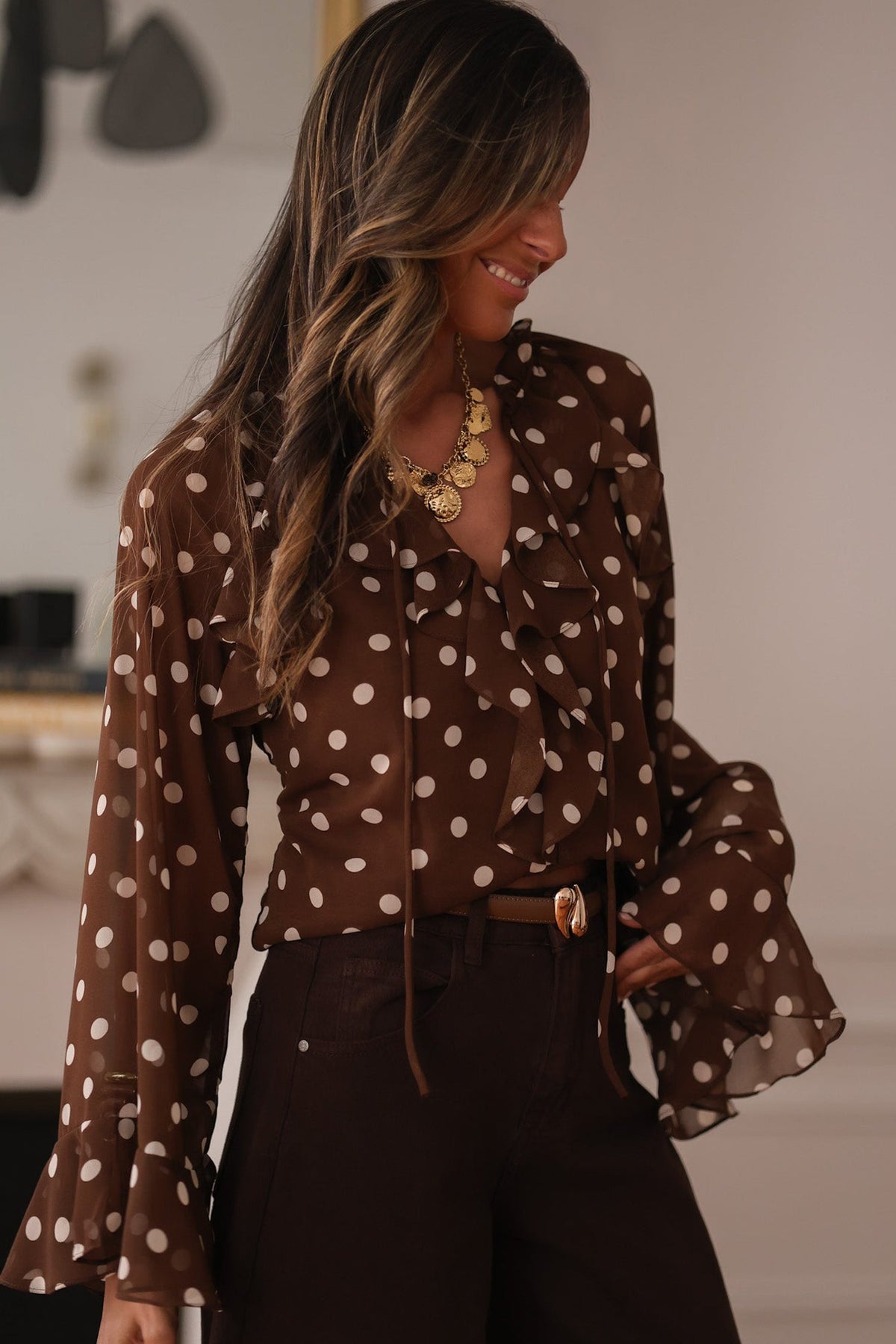 Polka Dot Blouse with Ruffles, V-Neck, and Bell Sleeves - Coffee