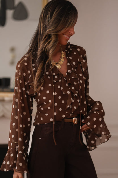 Polka Dot Blouse with Ruffles, V-Neck, and Bell Sleeves - Coffee