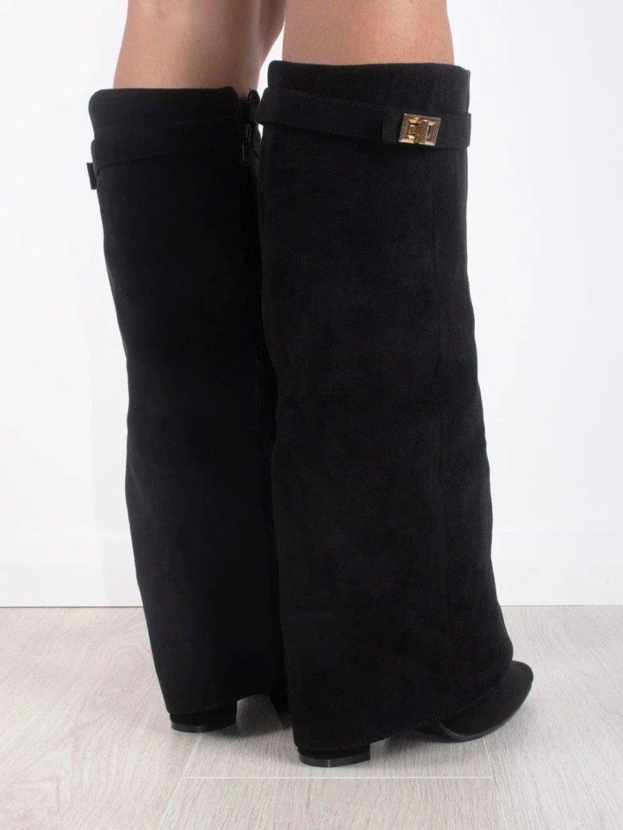 Women’s Faux Suede Fold-Over Boots – Golden Detail