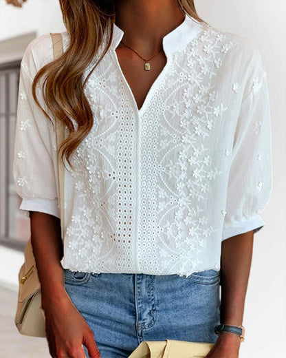 Women's Blouse Amélie – V-Neck Top with Puff Sleeves, Cotton Blend and Patchwork Details
