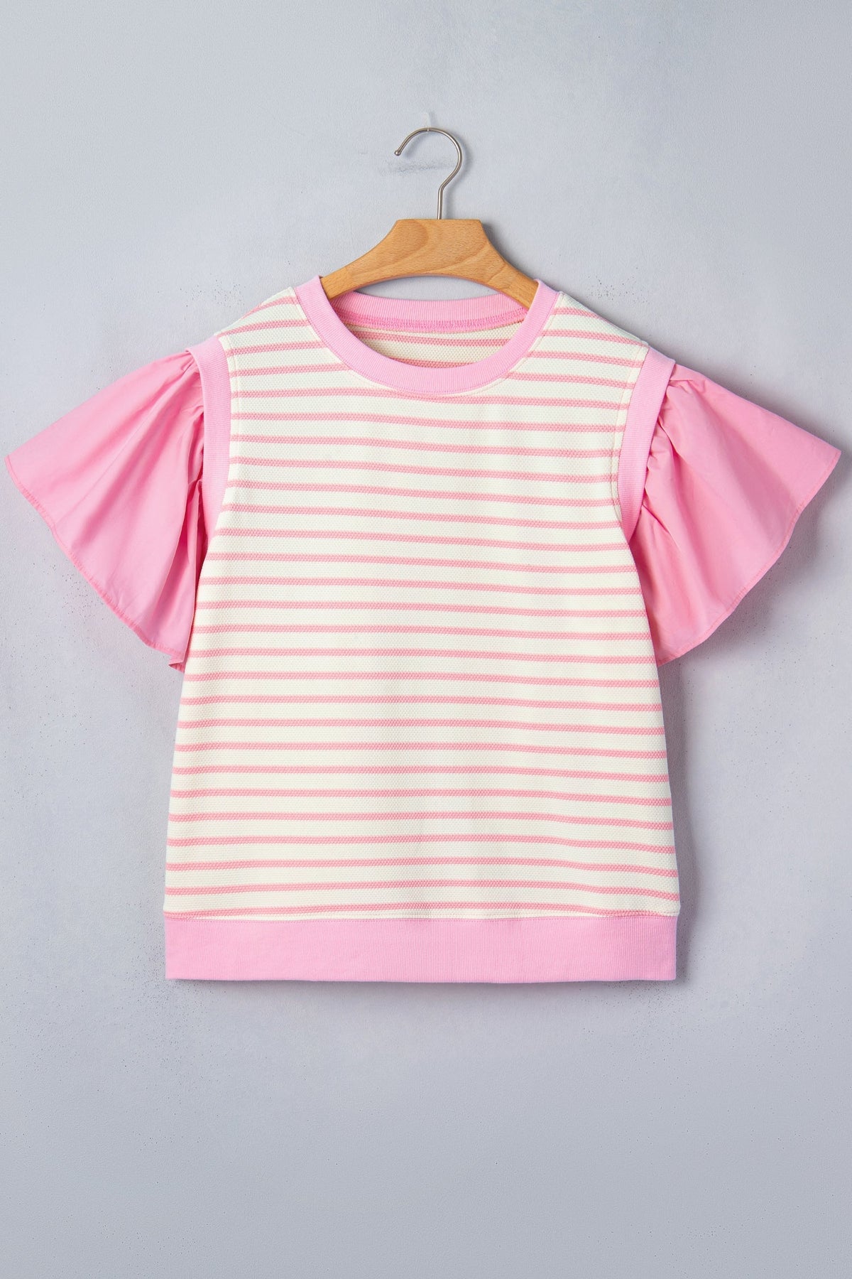 Pink Striped Blouse with Short Ruffled Sleeves and Patchwork