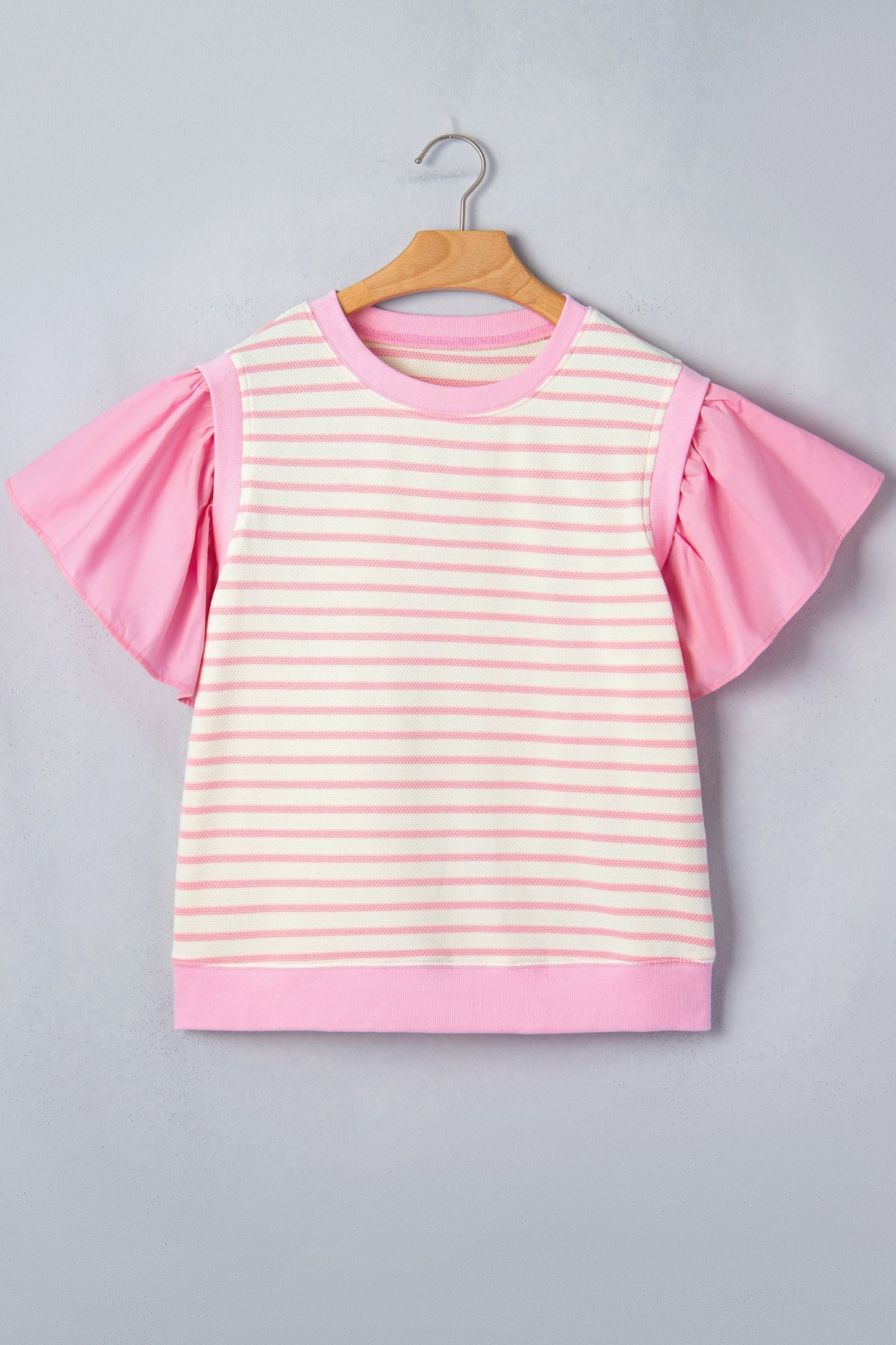 Pink Striped Blouse with Short Ruffled Sleeves and Patchwork