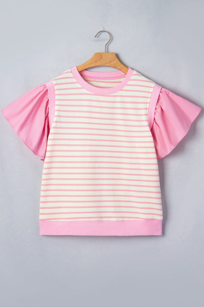 Pink Striped Blouse with Short Ruffled Sleeves and Patchwork