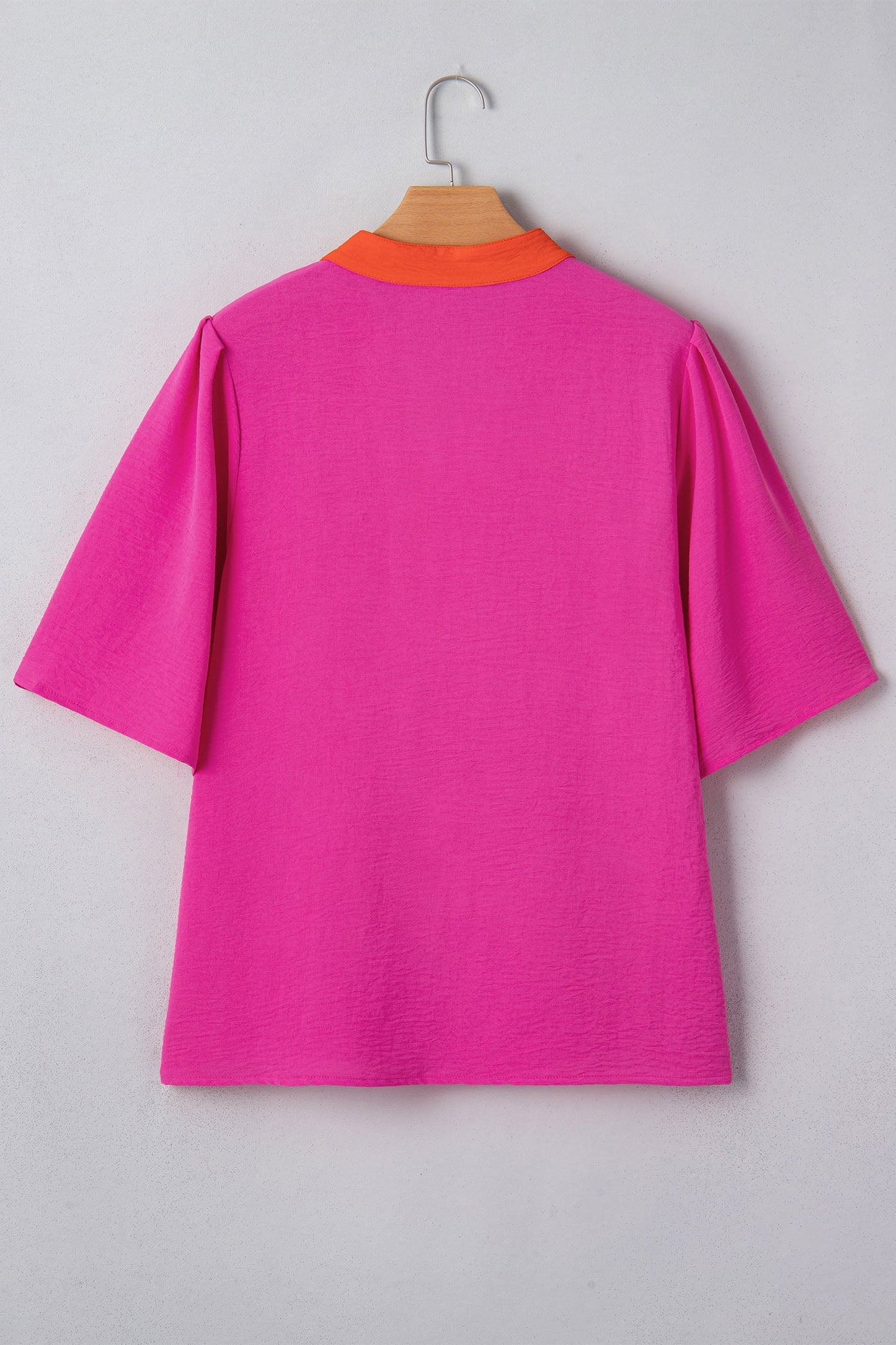 Wide Short Sleeve Top with V-Neck Color Block Red Pink