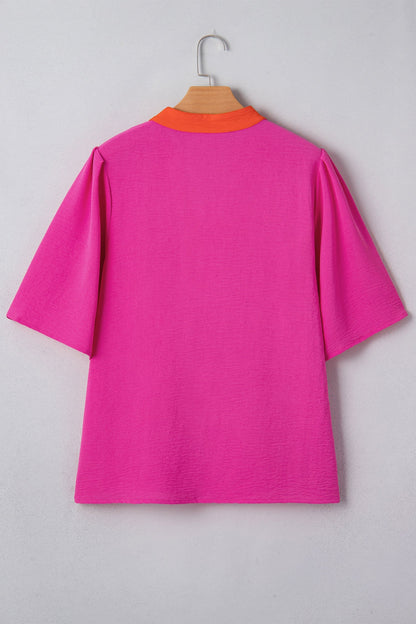 Wide Short Sleeve Top with V-Neck Color Block Red Pink