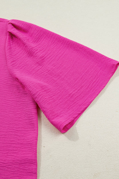 Wide Short Sleeve Top with V-Neck Color Block Red Pink