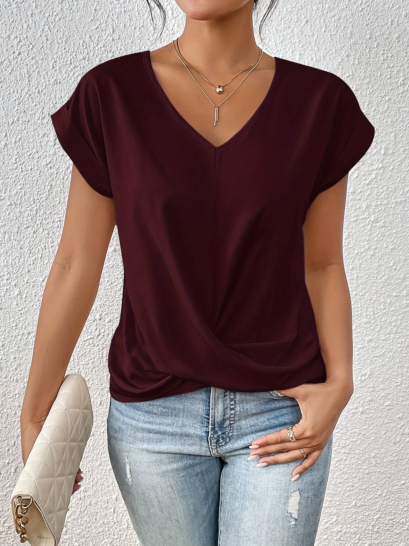 Top for Women – V-Neck with Knot Detail, Elegant Draping, and Comfortable Fit