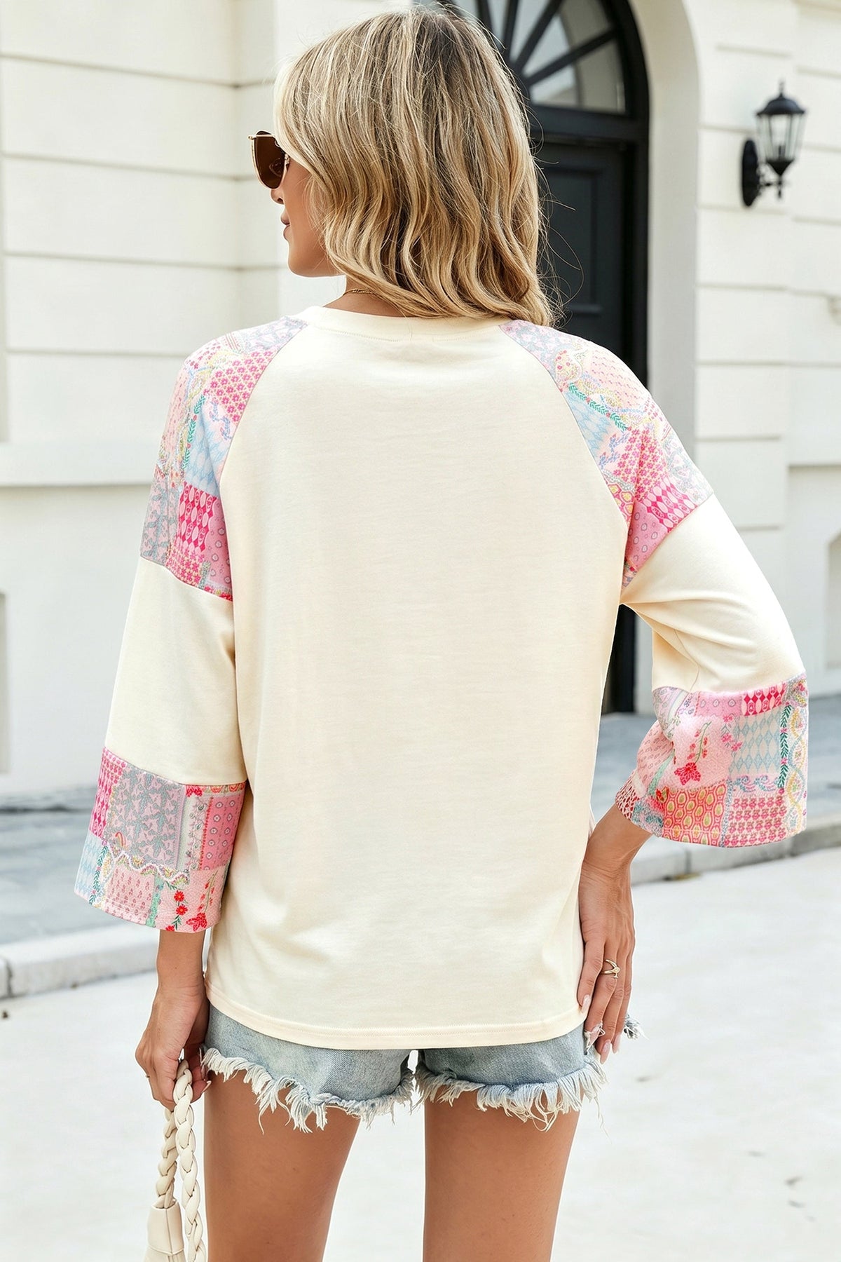 Beige Long-Sleeve Top with Retro Floral Patchwork and Color Block