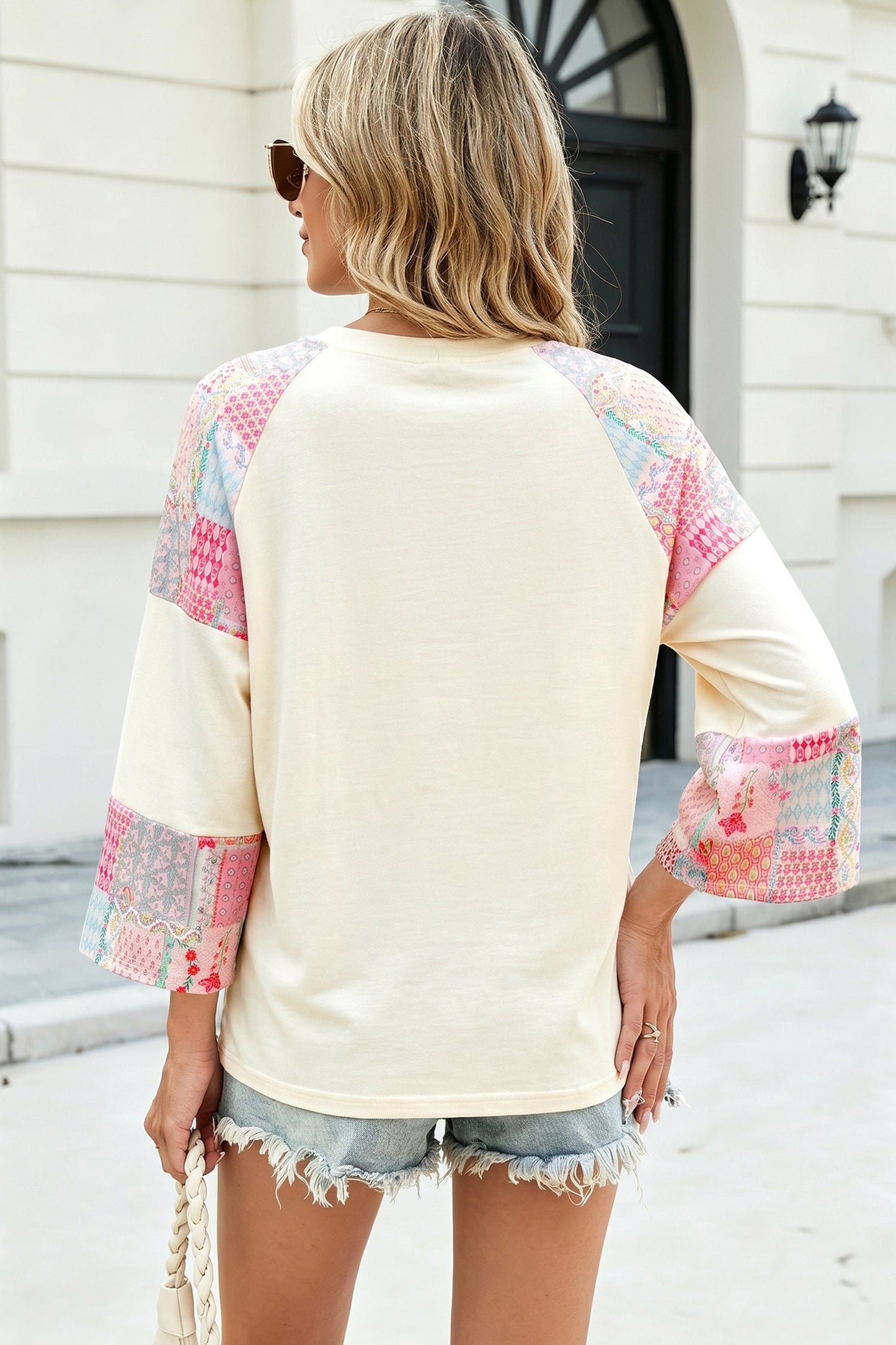 Beige Long-Sleeve Top with Retro Floral Patchwork and Color Block