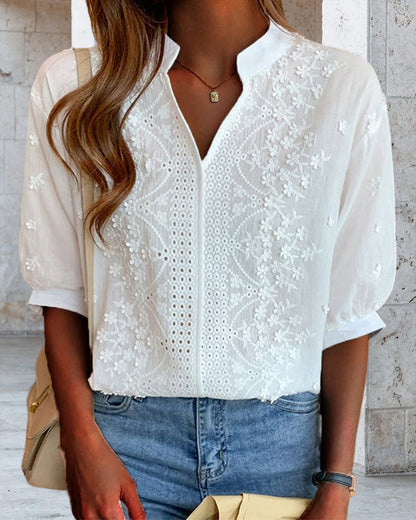 Women's Blouse – V-Neck Top with Puff Sleeves, Cotton Blend and Patchwork Details