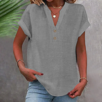 Wide Summer Blouse with V-Neck and Buttons – Short Sleeve and Timeless