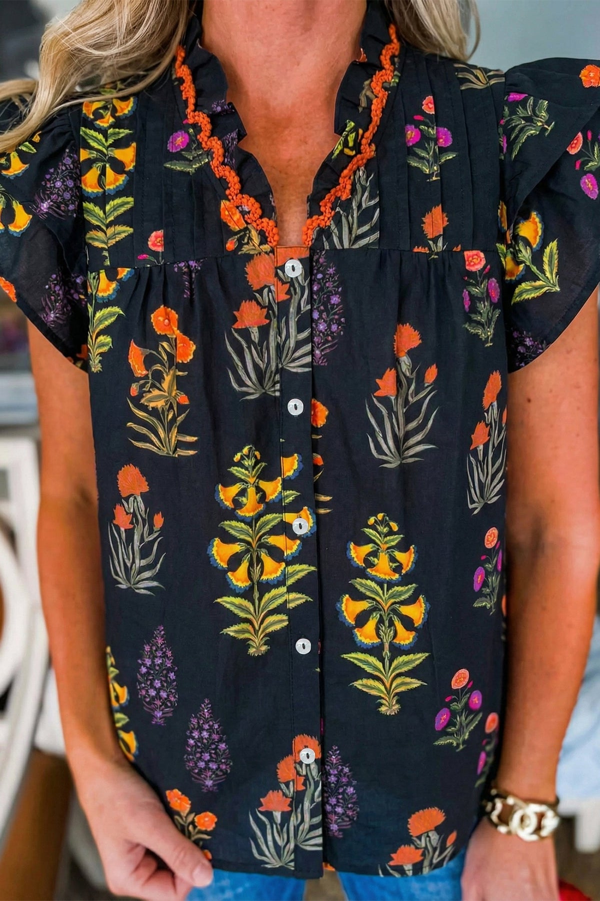 Black Floral Shirt with Lace Trim and V-Neck with Ruffles