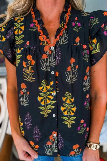 Black Floral Shirt with Lace Trim and V-Neck with Ruffles