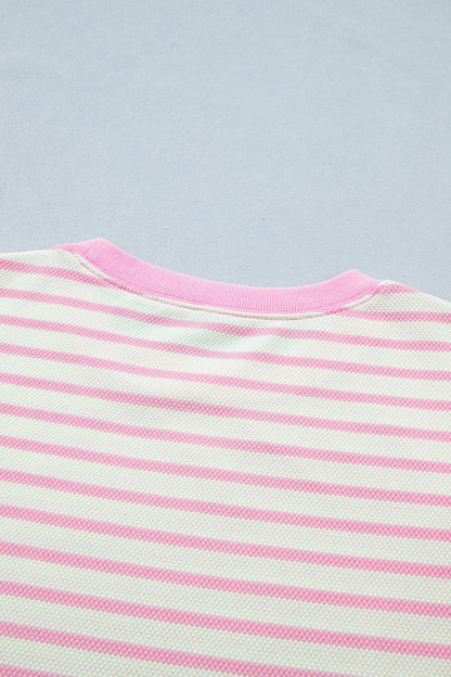 Pink Striped Blouse with Short Ruffled Sleeves and Patchwork