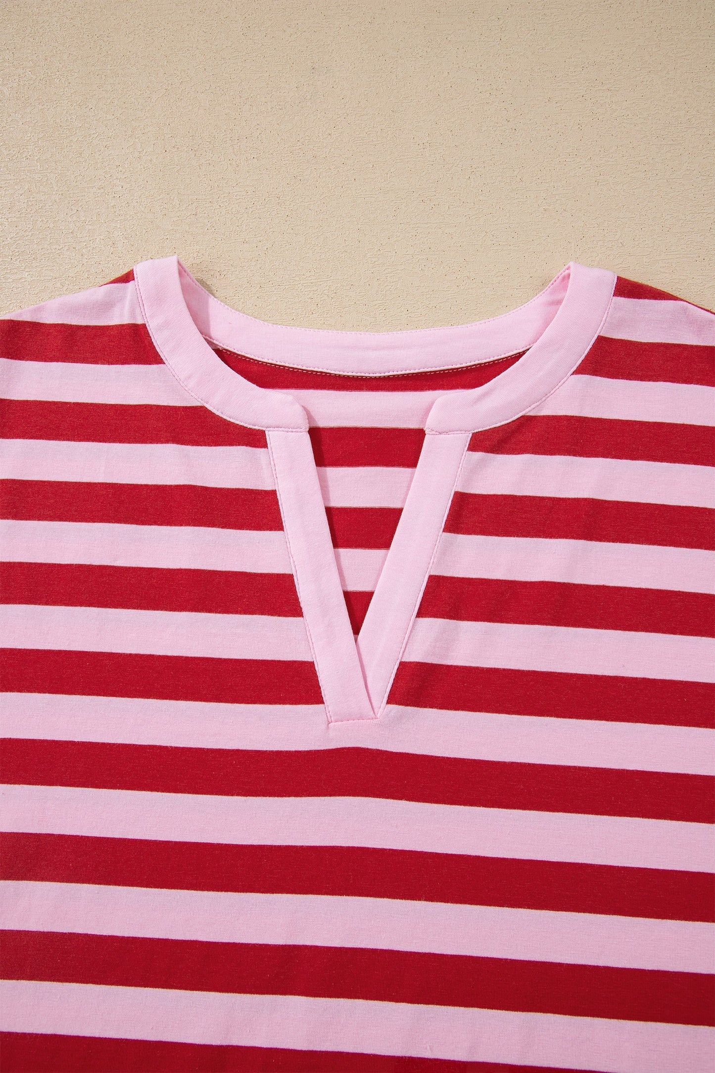 Pink Striped Casual T-shirt with V-Neck