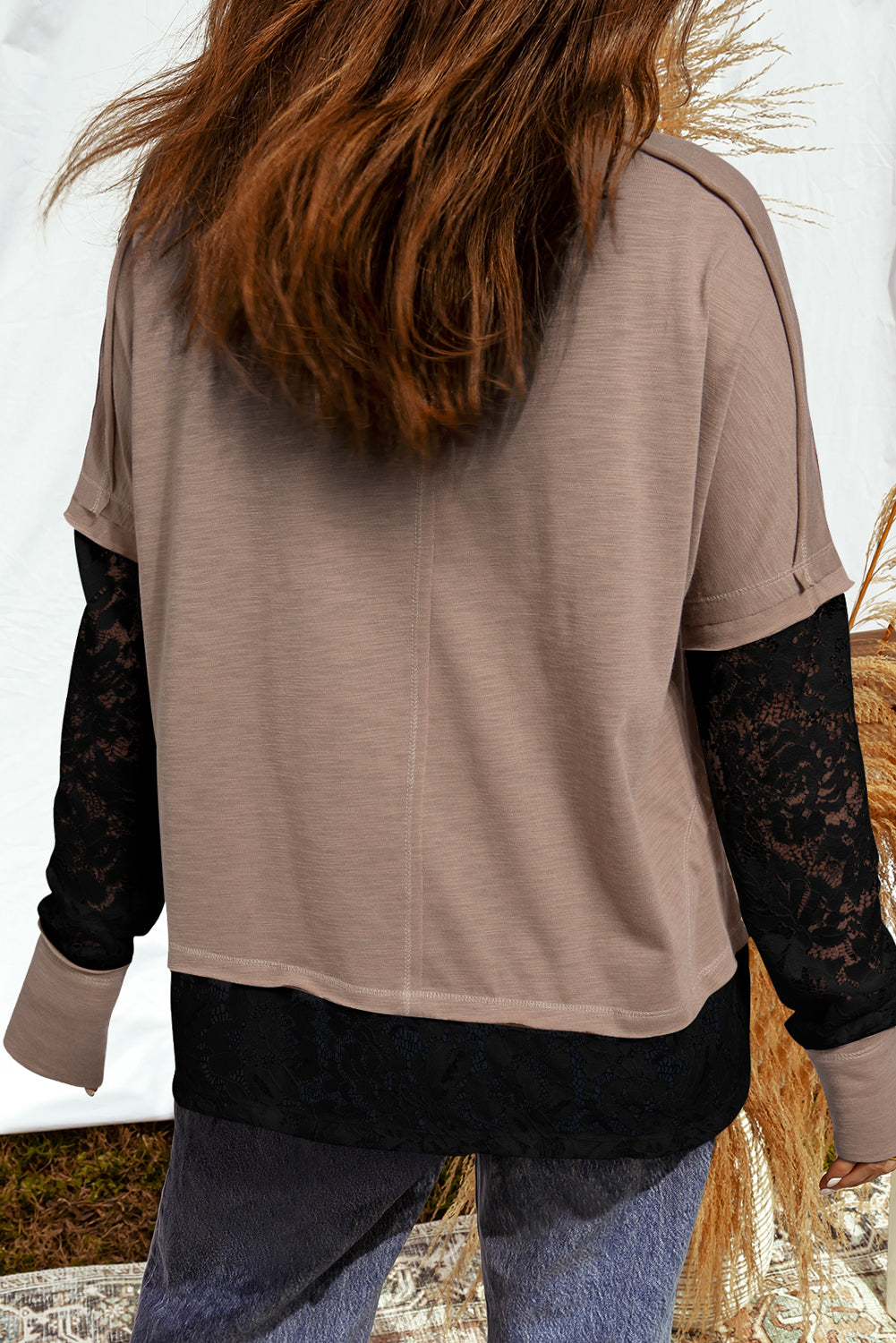 Long-sleeve casual T-shirt with transparent lace inserts