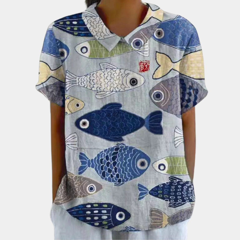 Bruna Women's Shirt – Casual Short Sleeve Top with Pastoral Floral Print & Round Neck