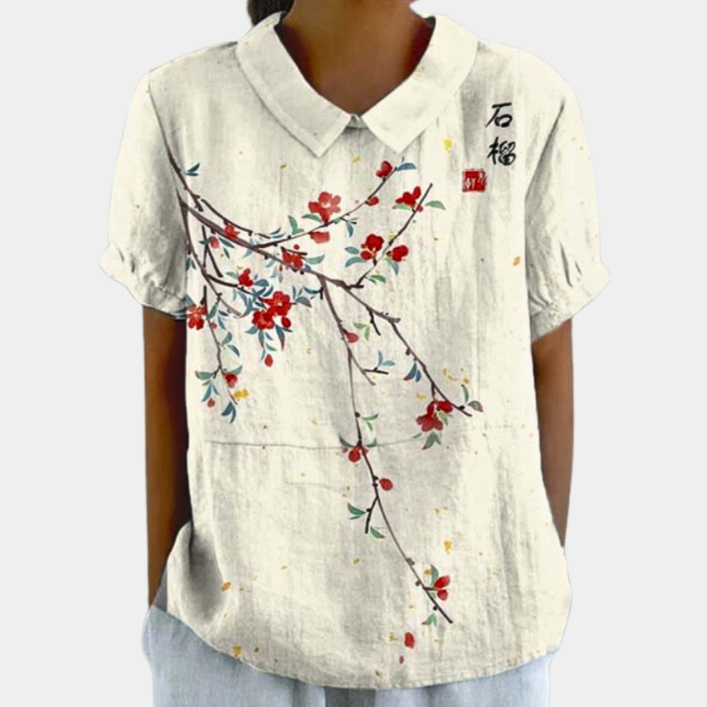 Bruna Women's Shirt – Casual Short Sleeve Top with Pastoral Floral Print & Round Neck