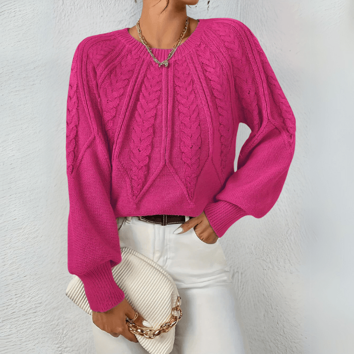 Mira-June Leaf Cable Puff Sleeve Sweater