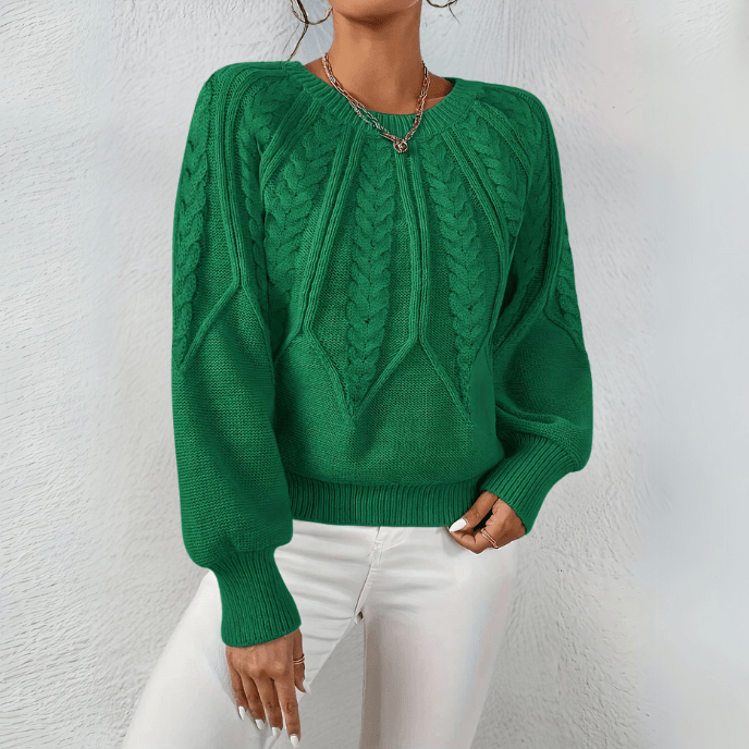 Mira-June Leaf Cable Puff Sleeve Sweater