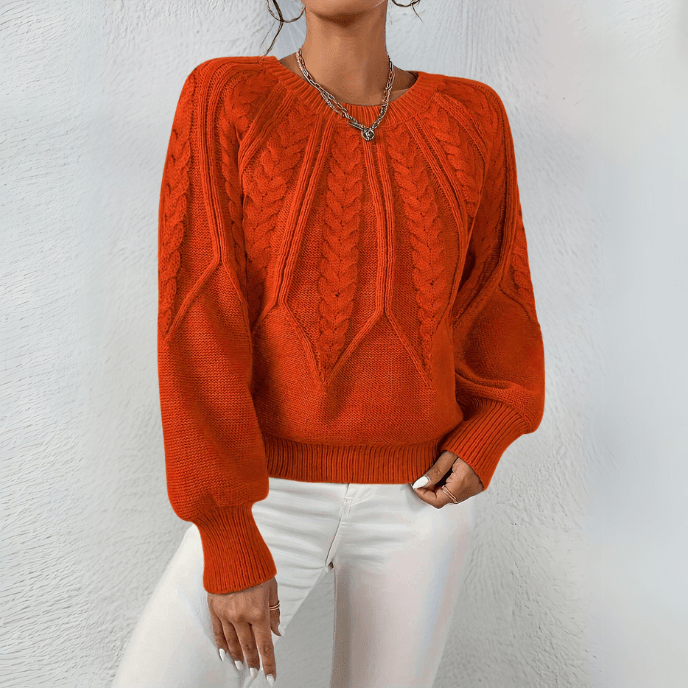 Mira-June Leaf Cable Puff Sleeve Sweater