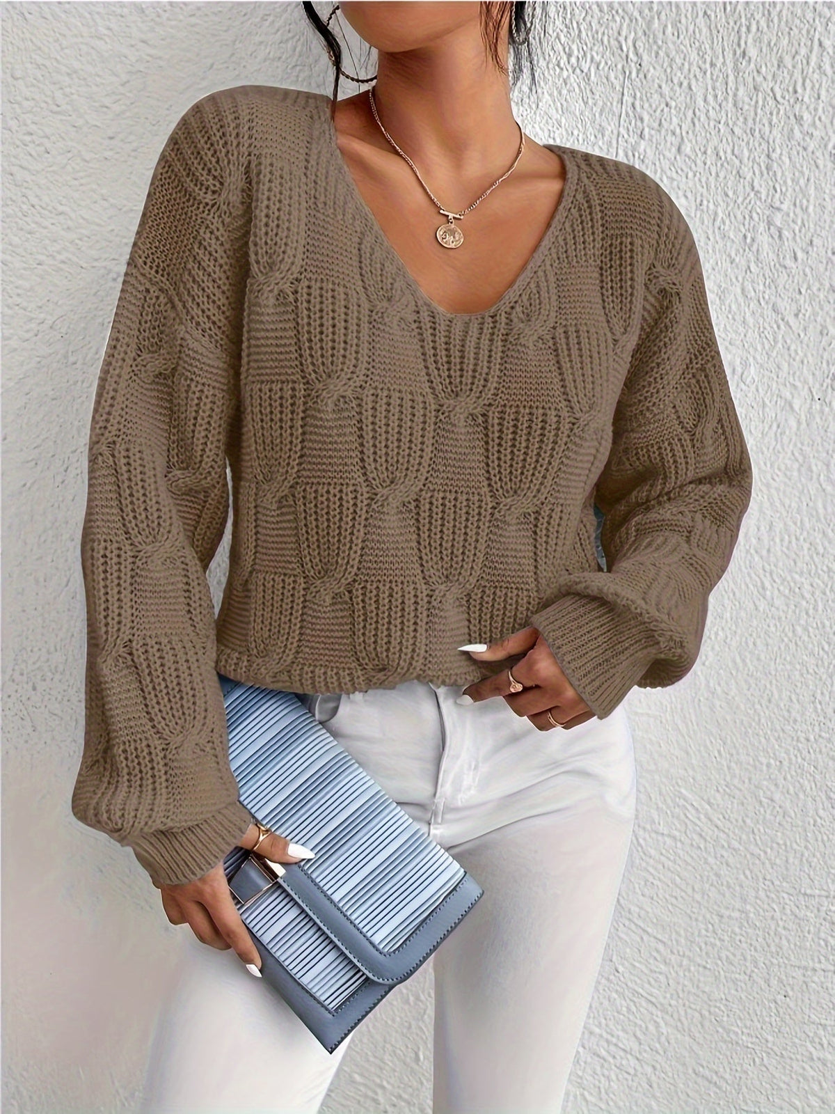Hollis-Hope Cable V-Neck Puff Sleeve Sweater