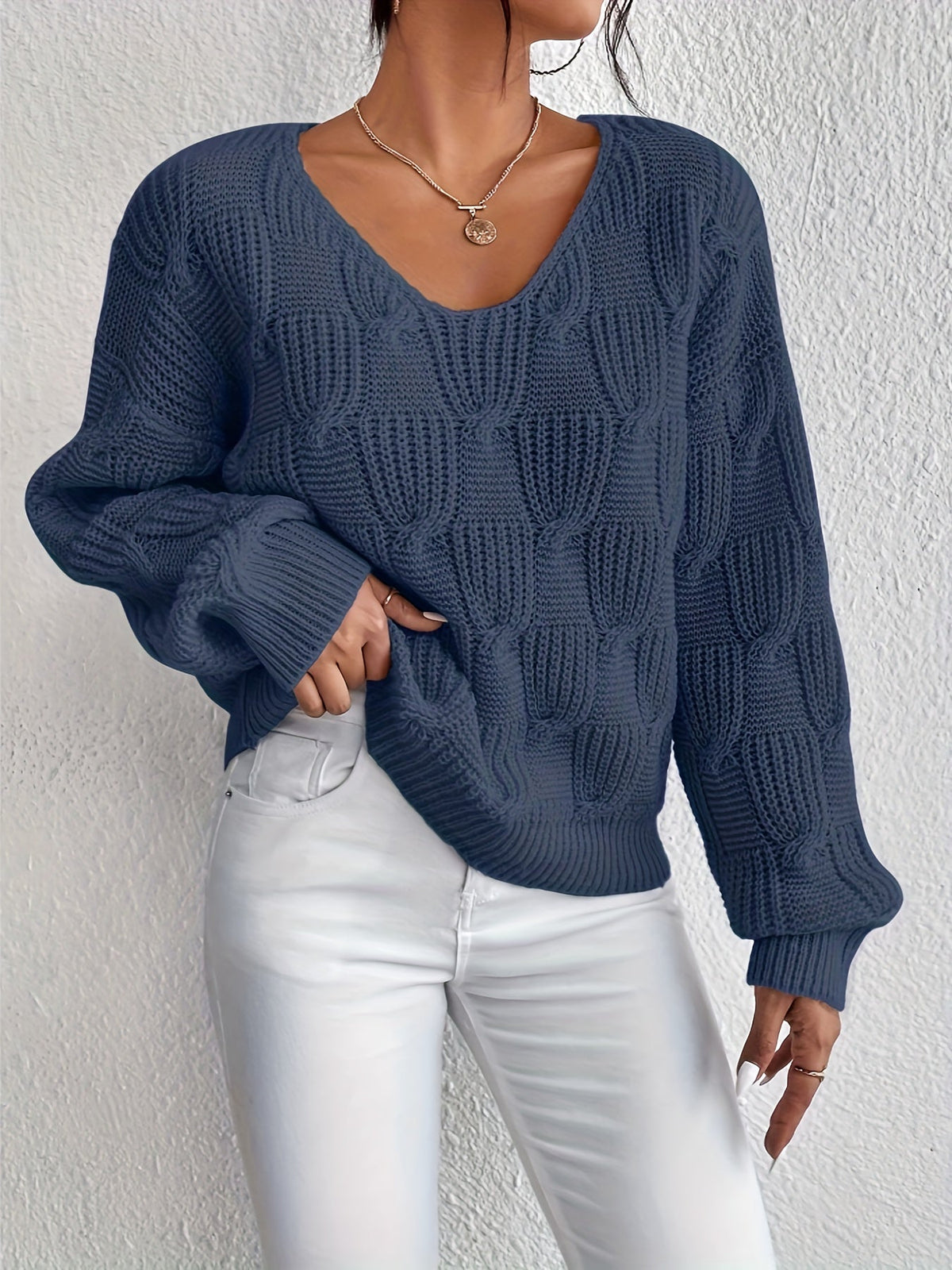 Hollis-Hope Cable V-Neck Puff Sleeve Sweater