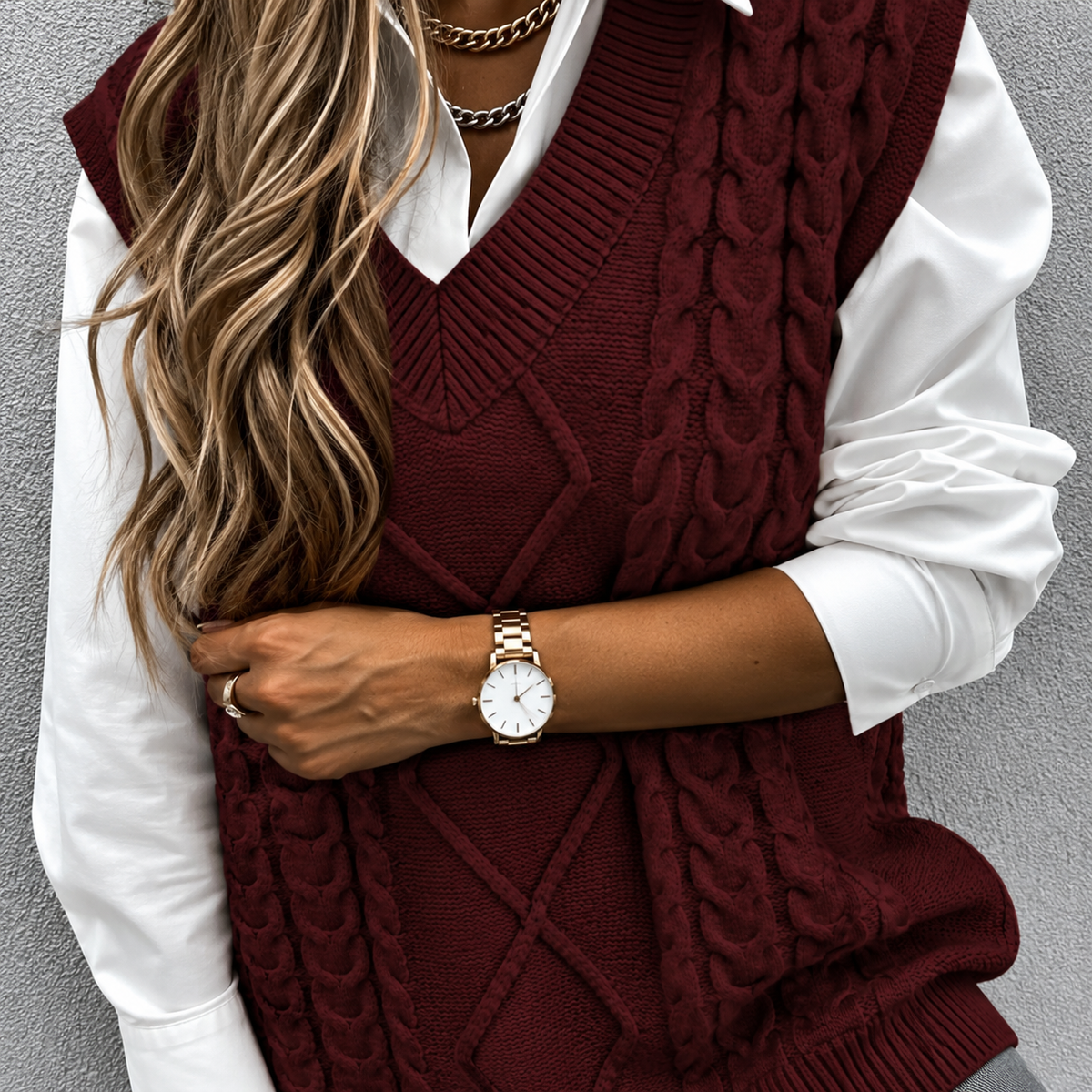 Cadence Chunky Cable V-Neck Vest