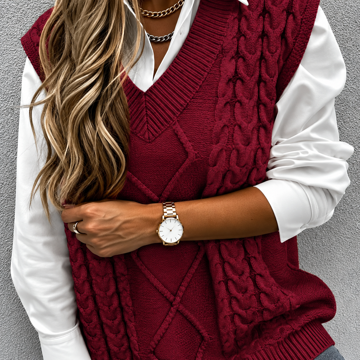 Cadence Chunky Cable V-Neck Vest