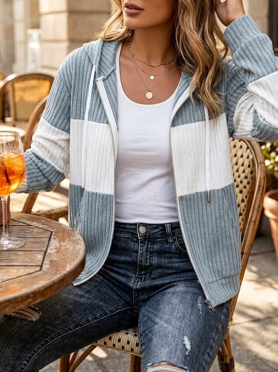 Emmeline-Faye Ribbed Color Block Zip Hoodie