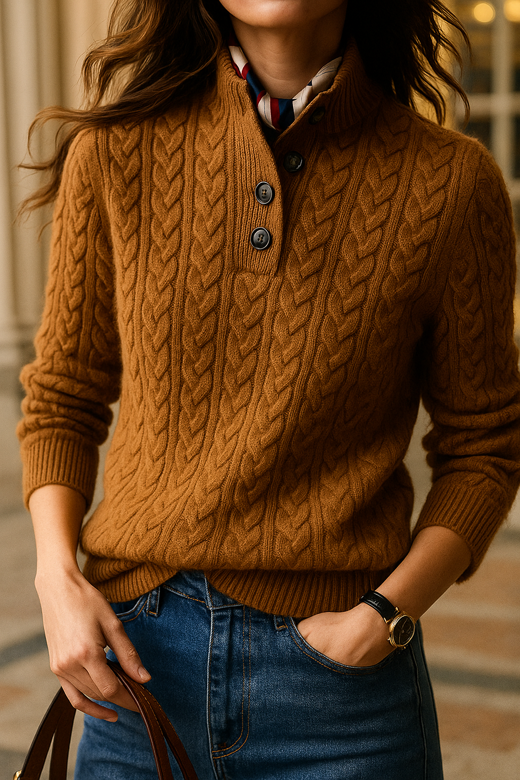 Zoe Cable Knit Button Neck Sweater