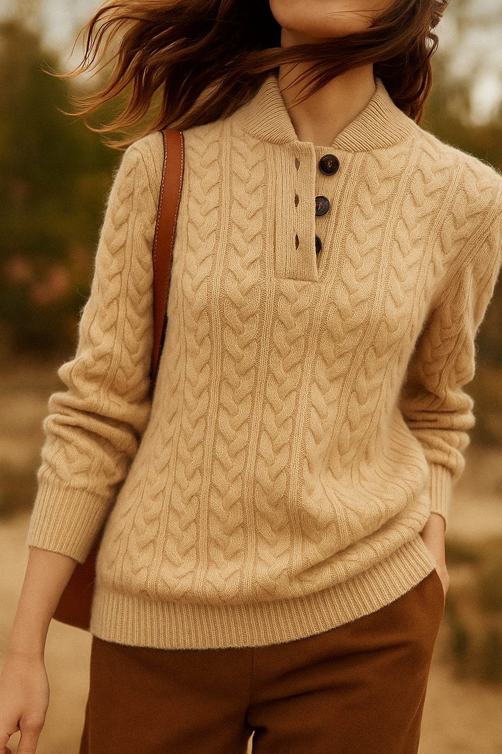 Zoe Cable Knit Button Neck Sweater