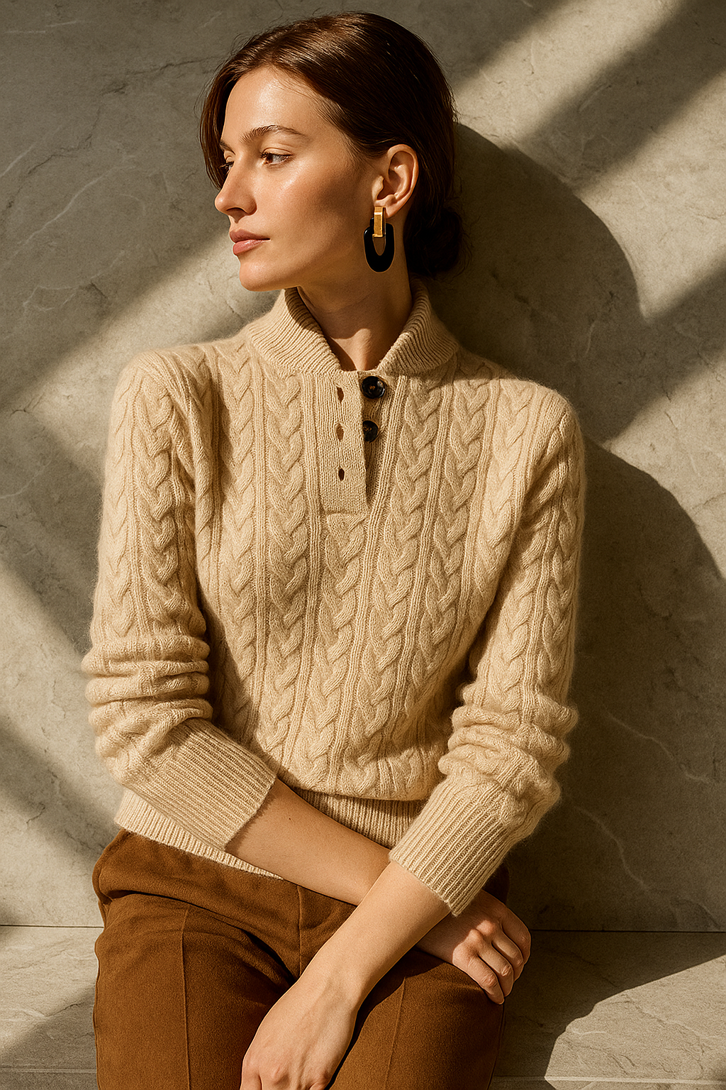Zoe Cable Knit Button Neck Sweater