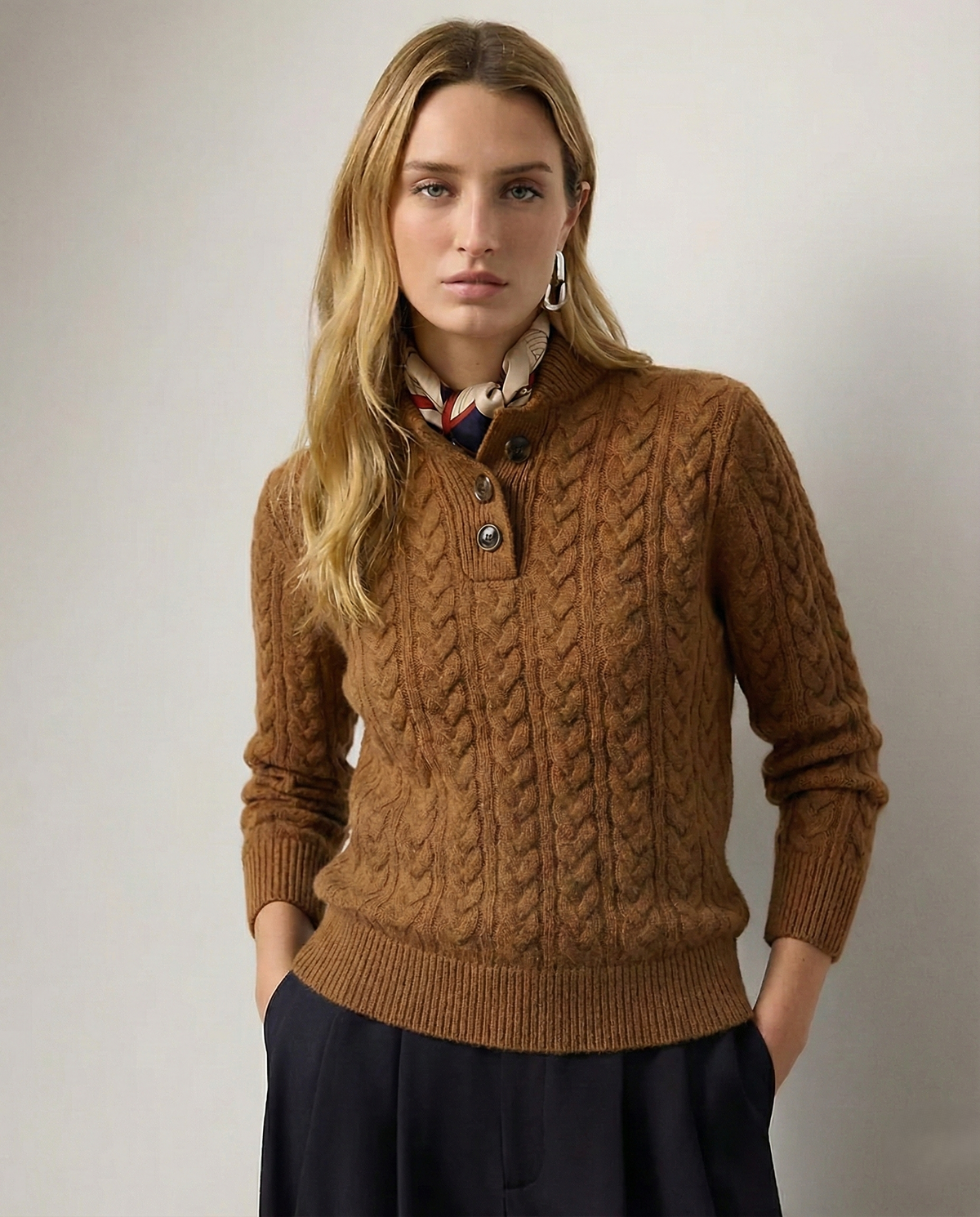 Zoe Cable Knit Button Neck Sweater