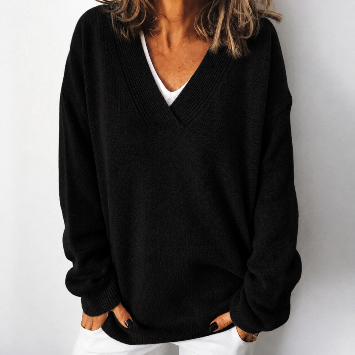 Tess-Sage Relaxed Deep V Sweater