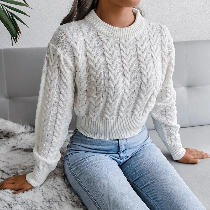 Emmeline Cropped Cable Puff Sleeve Sweater
