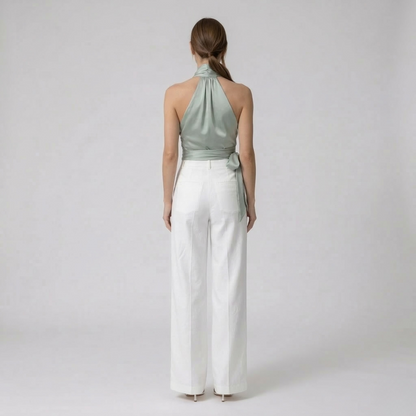 Elegant Women's Top with Halter Neck and Belt Sleeveless Slim Fit Blouse