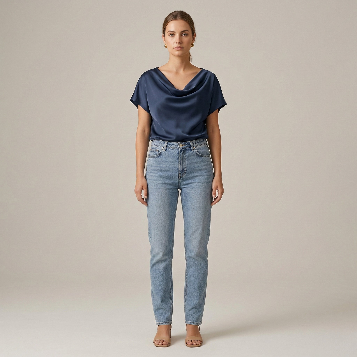 Elegant Women's Blouse with Draped Neckline Short Sleeve Casual Elegant Top