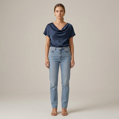 Elegant Women's Blouse with Draped Neckline Short Sleeve Casual Elegant Top
