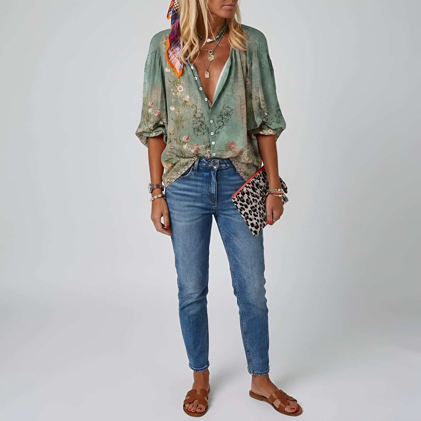 Women's floral blouse with buttons, long sleeve, casual elegant day shirt