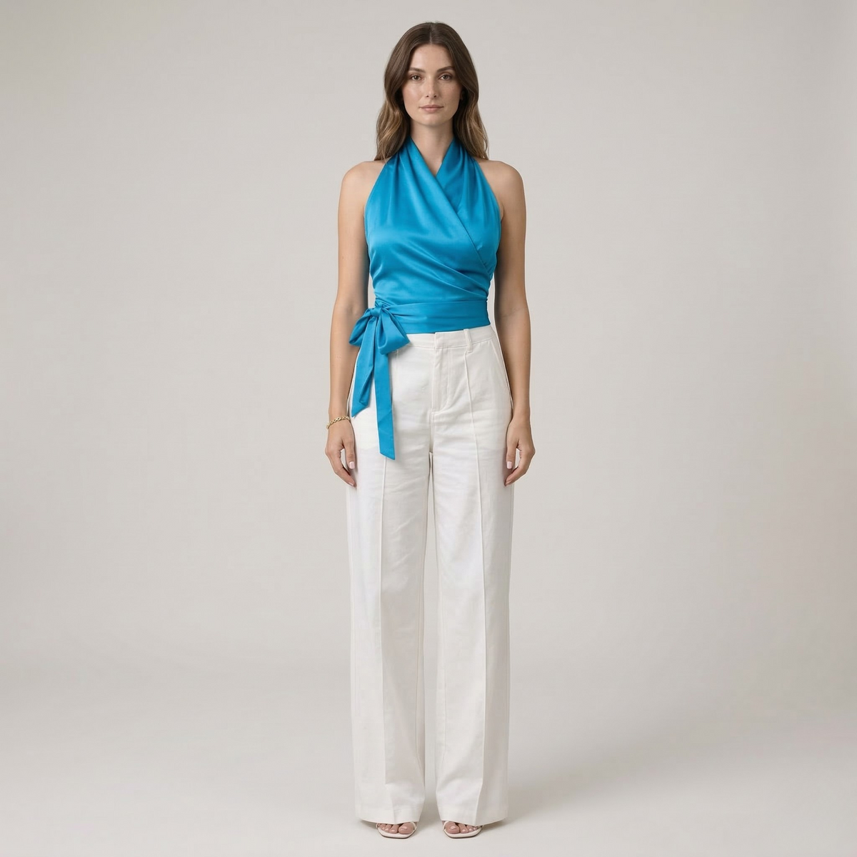 Elegant Women's Top with Halter Neck and Belt Sleeveless Slim Fit Blouse