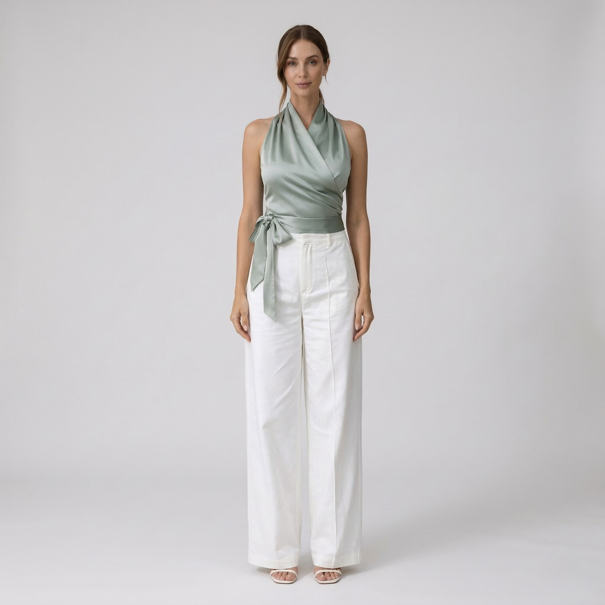 Elegant Women's Top with Halter Neck and Belt Sleeveless Slim Fit Blouse