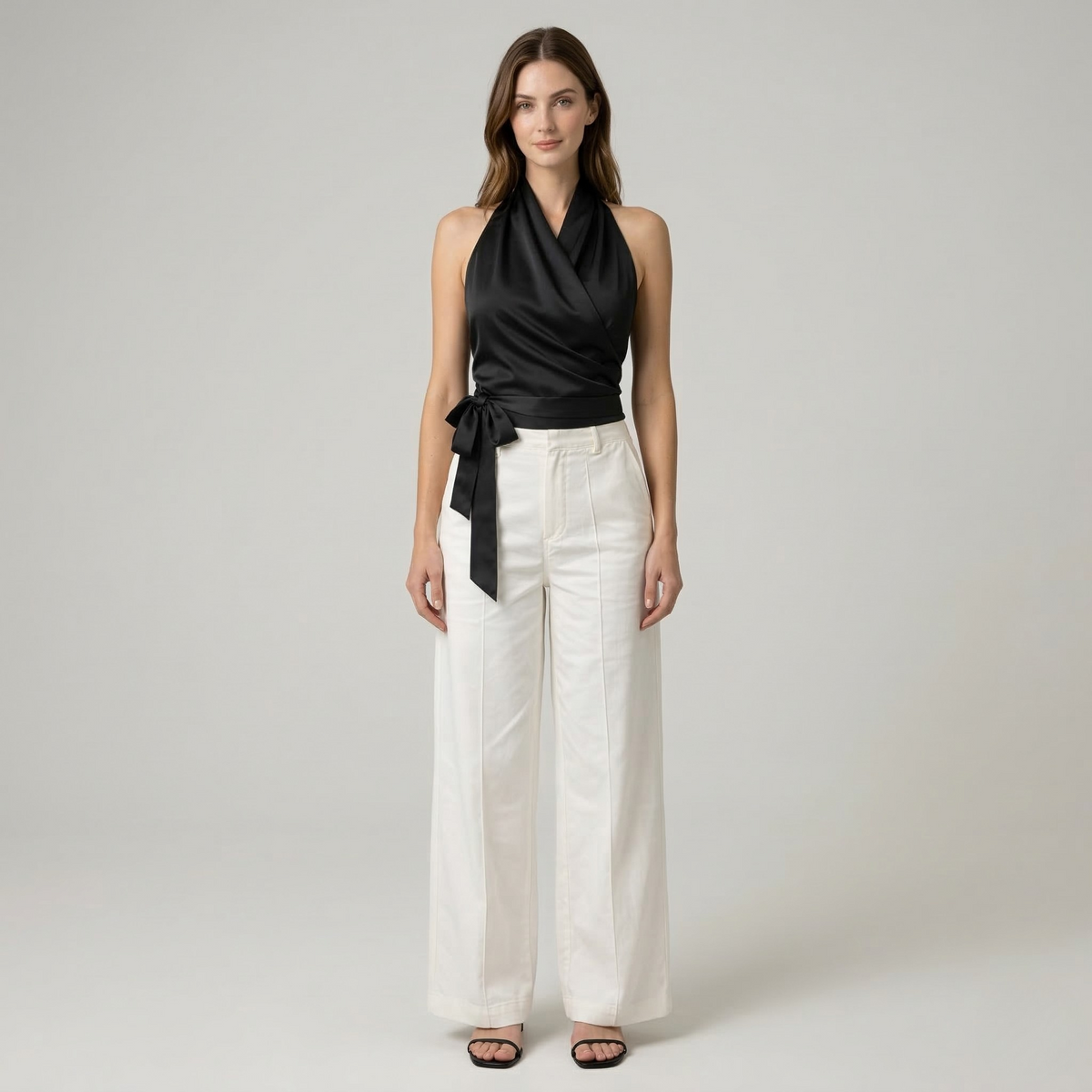 Elegant Women's Top with Halter Neck and Belt Sleeveless Slim Fit Blouse