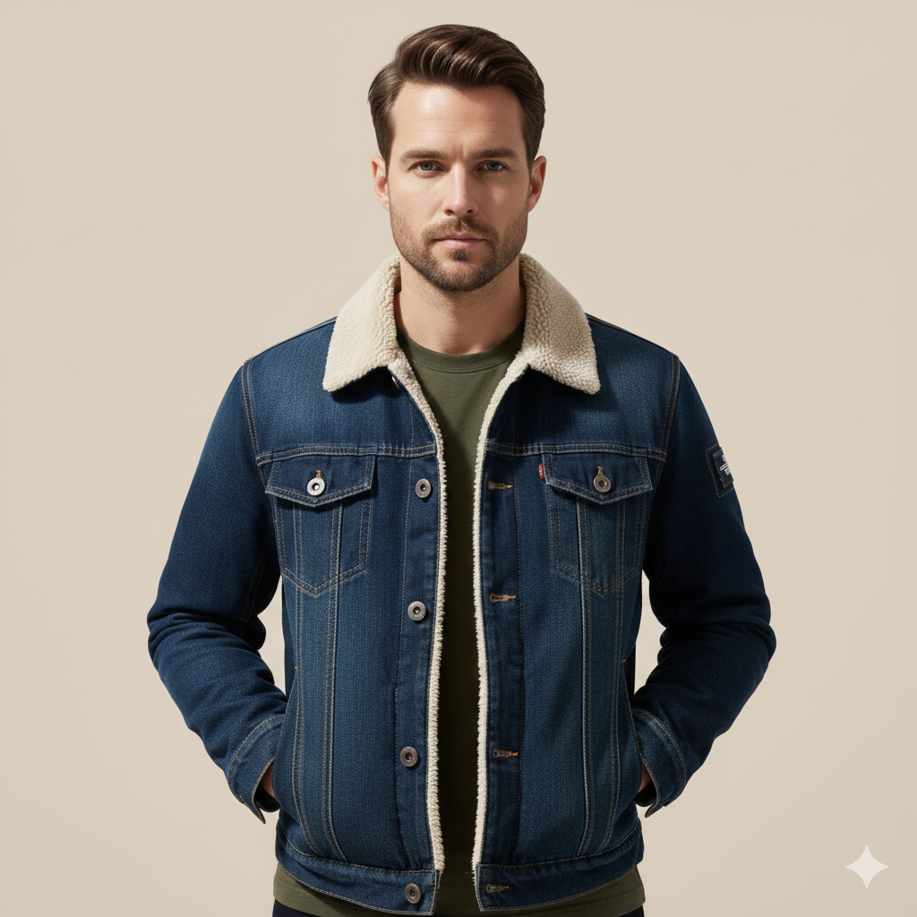 Men's Denim Trucker Jacket, Sherpa Collar and Lining