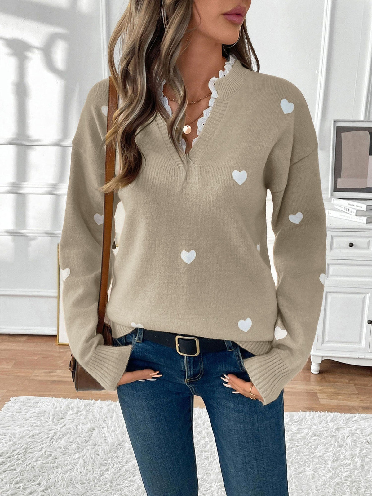 Sabine Heart Print Lace V-Neck Sweater