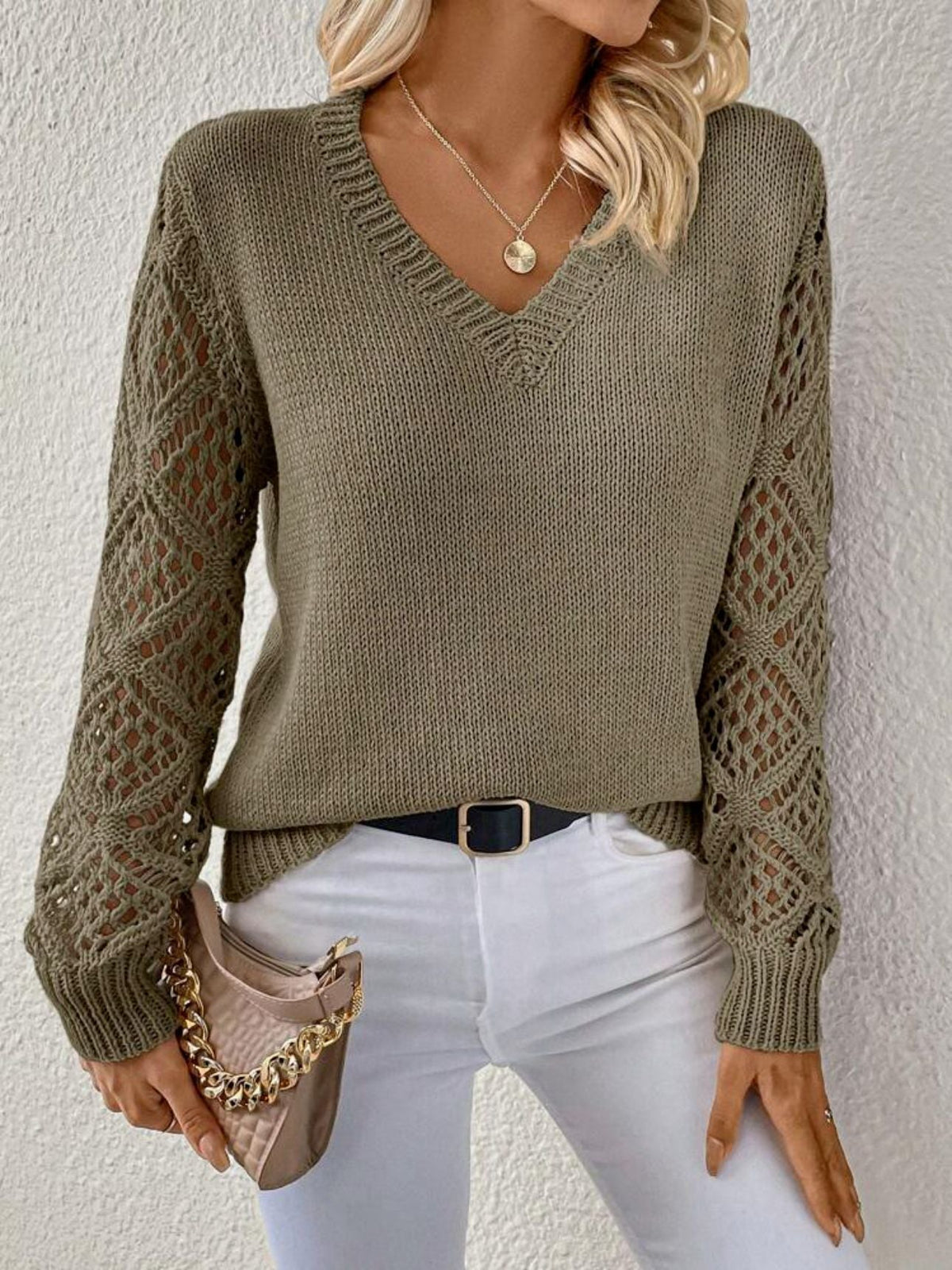 Penny Crochet Sleeve V-Neck Sweater