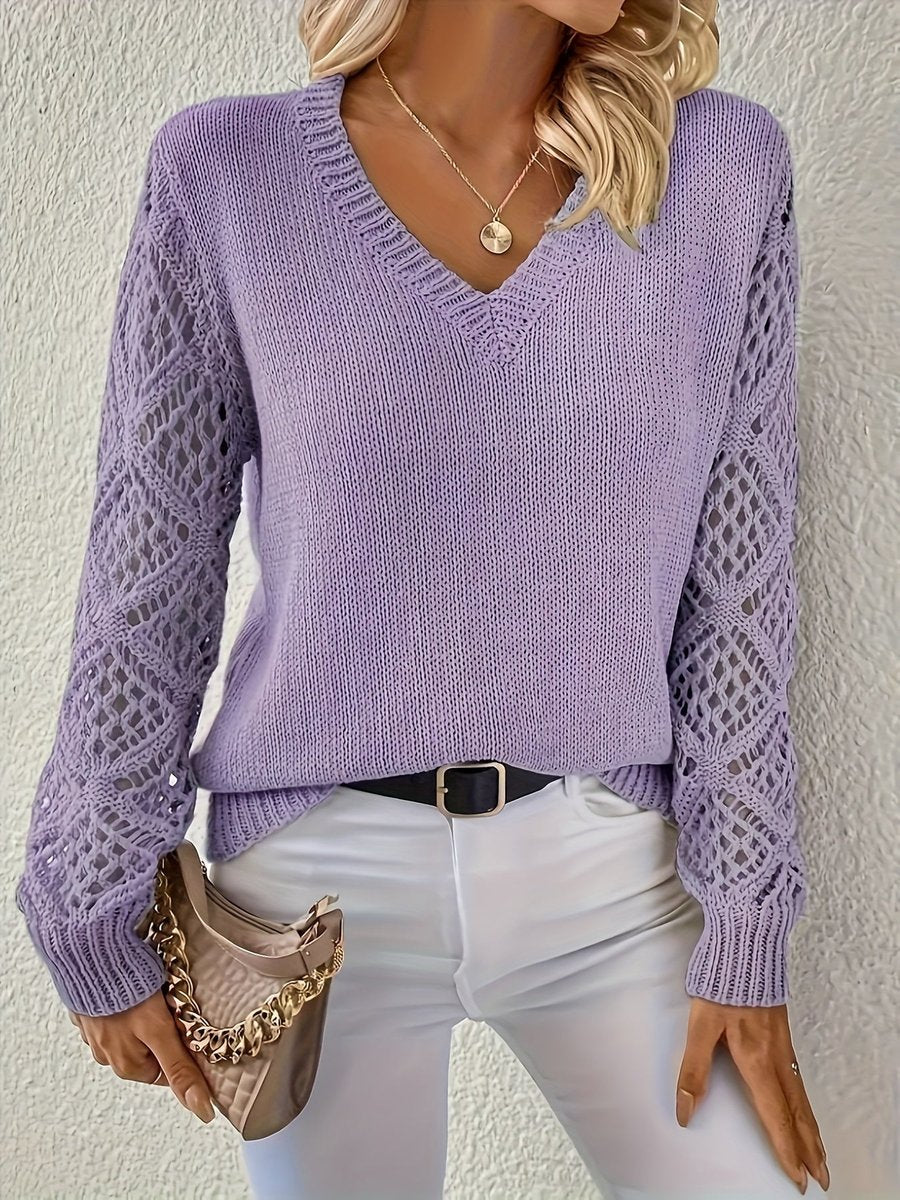 Ilsa-Rae Open Knit Sleeve V-Neck Sweater